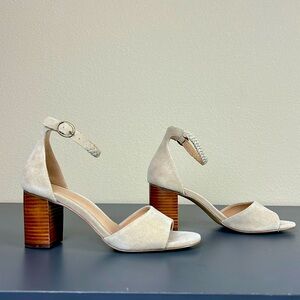 Soludos Braded Ankle Strap Beige/Cream Suede Faux Wood Heel Sandals - Si…